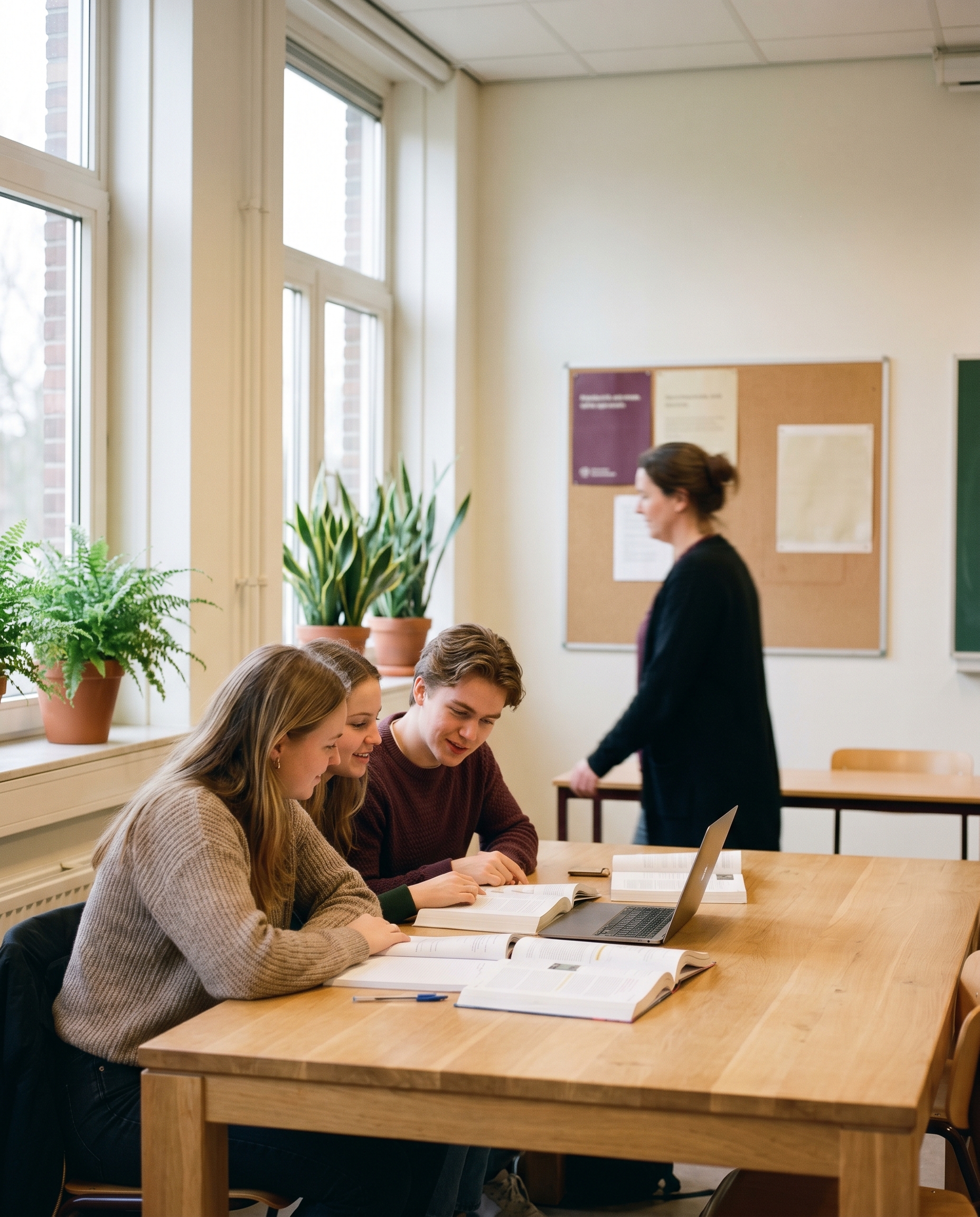 Klaslokaal met docent en leerlingen aan het werk