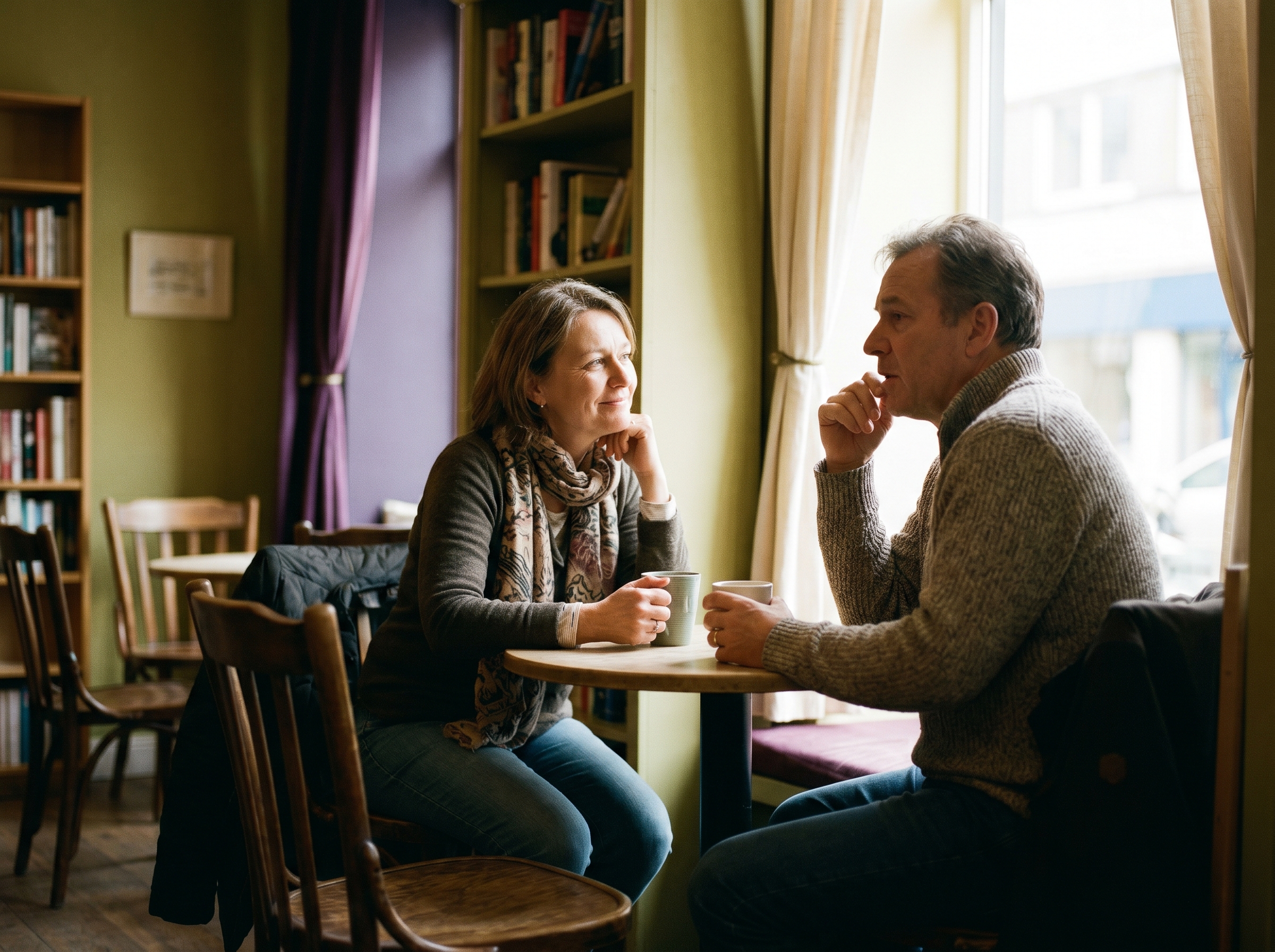 Twee mensen in gesprek in een café