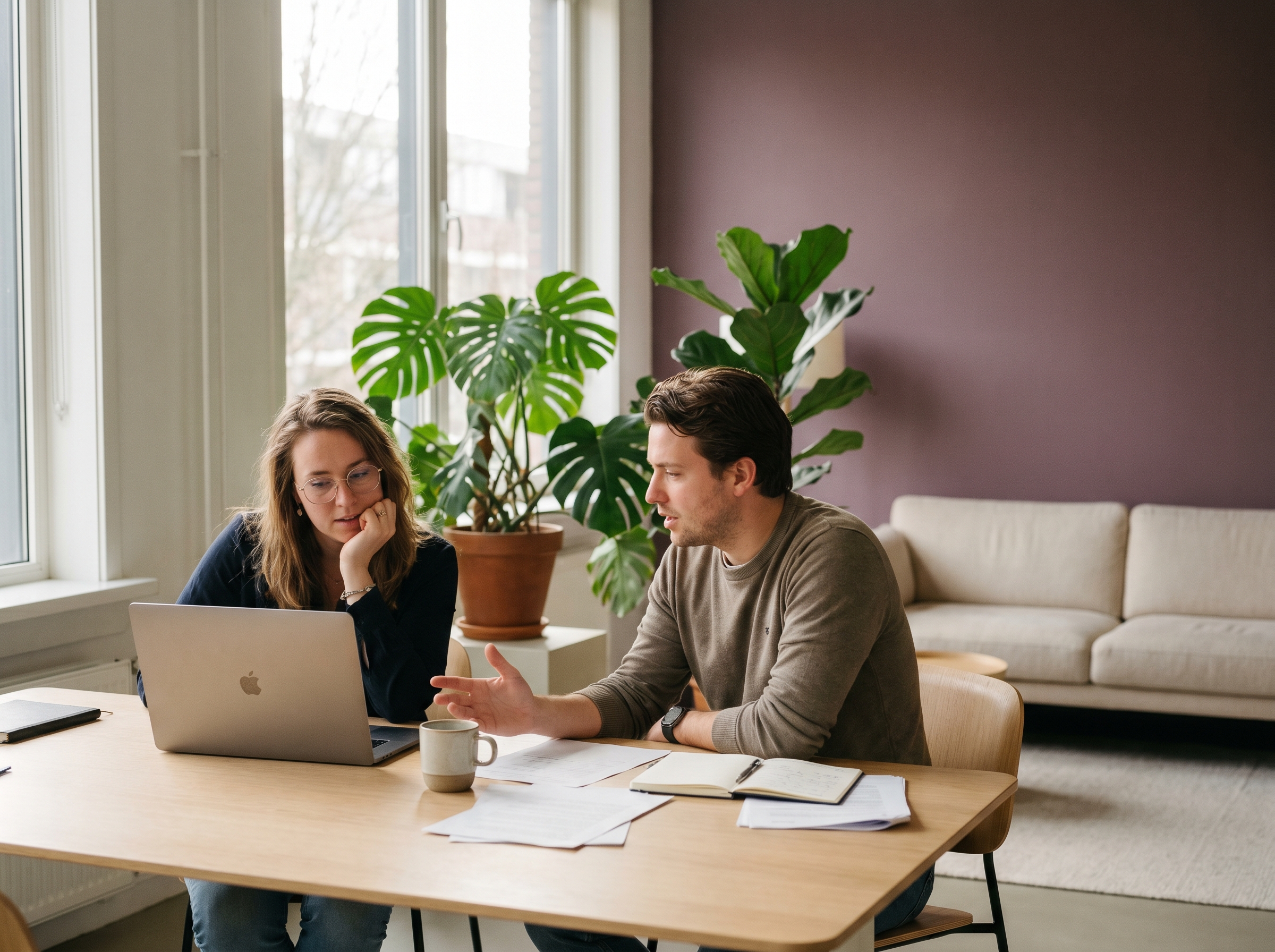 Kantoorscene met twee mensen achter een laptop
